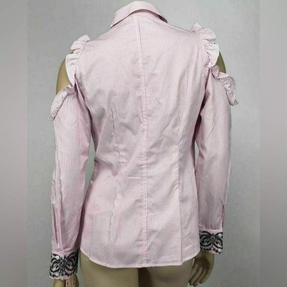 Nanette Lepore Cold Shoulder Pink Striped ButtonUp Top, Ruffled & Embroidered - Picture 6 of 10